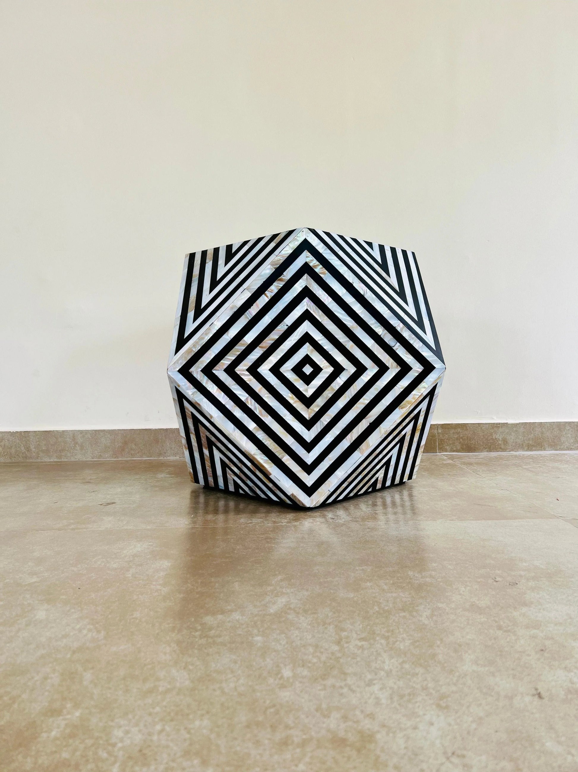 Black Diamond-Shaped Mother of Pearl End Table - Jodha Furniture