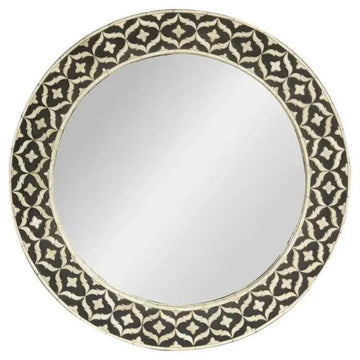 Bone Inlay Black and White Round Wall Mirror with Floral Motifs - Jodha Furniture