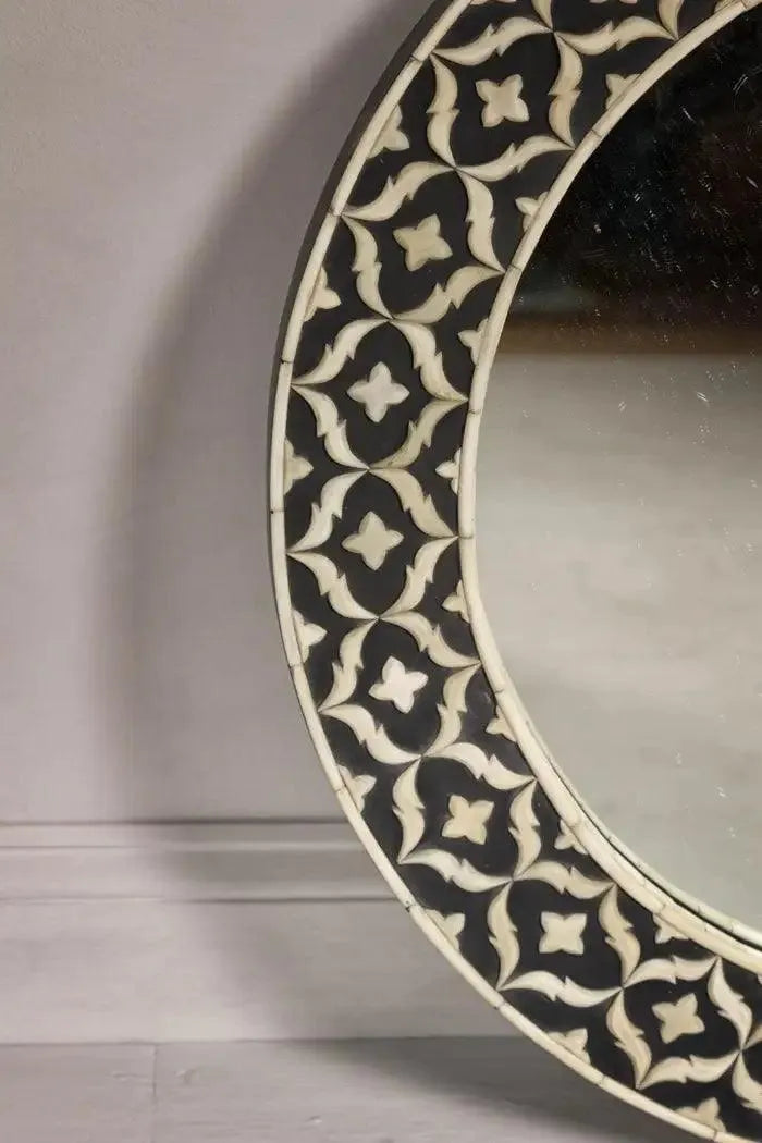 Bone Inlay Black and White Round Wall Mirror with Floral Motifs - Jodha Furniture