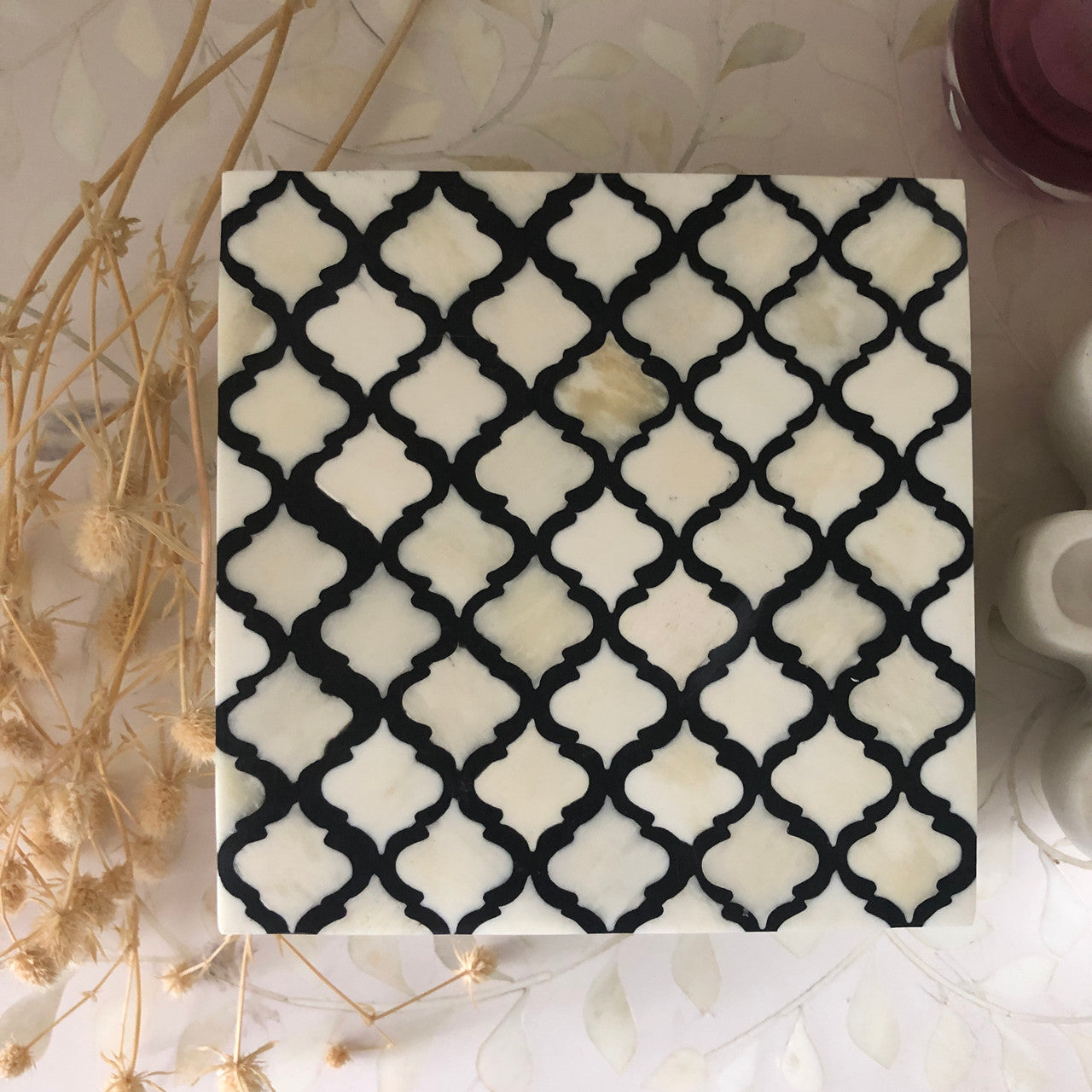Bone Inlay Box : Reverse Quatrefoil Black - Jodha Furniture