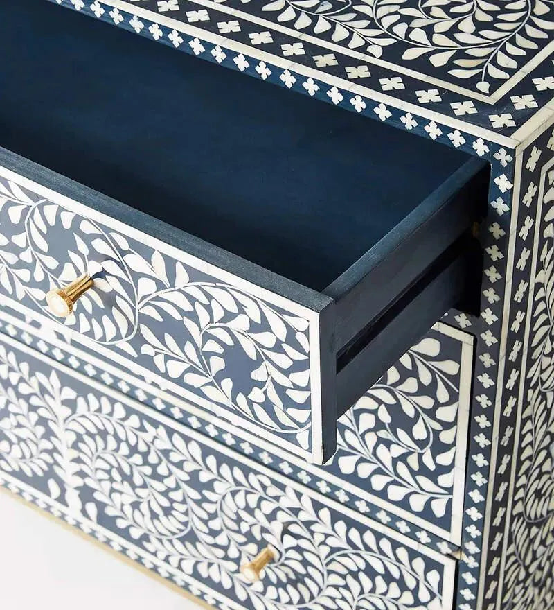 Bone Inlay Chest of Drawer In Indigo Finish - Jodha Furniture