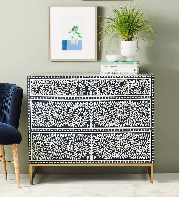 Bone Inlay Chest of Drawer In Indigo Finish - Jodha Furniture