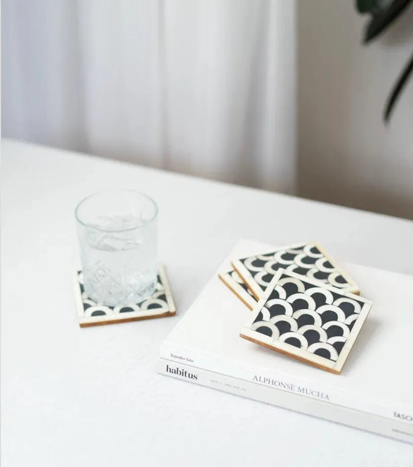 Bone Inlay Fishscale Coasters Set White & Blue - Jodha Furniture