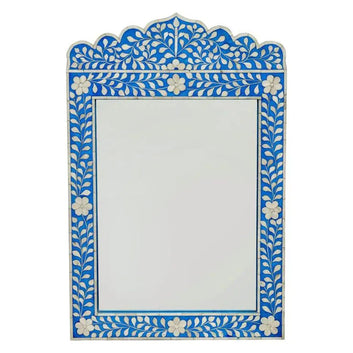 Bone Inlay Floral Crested Wall Mirror - Blue - Jodha Furniture
