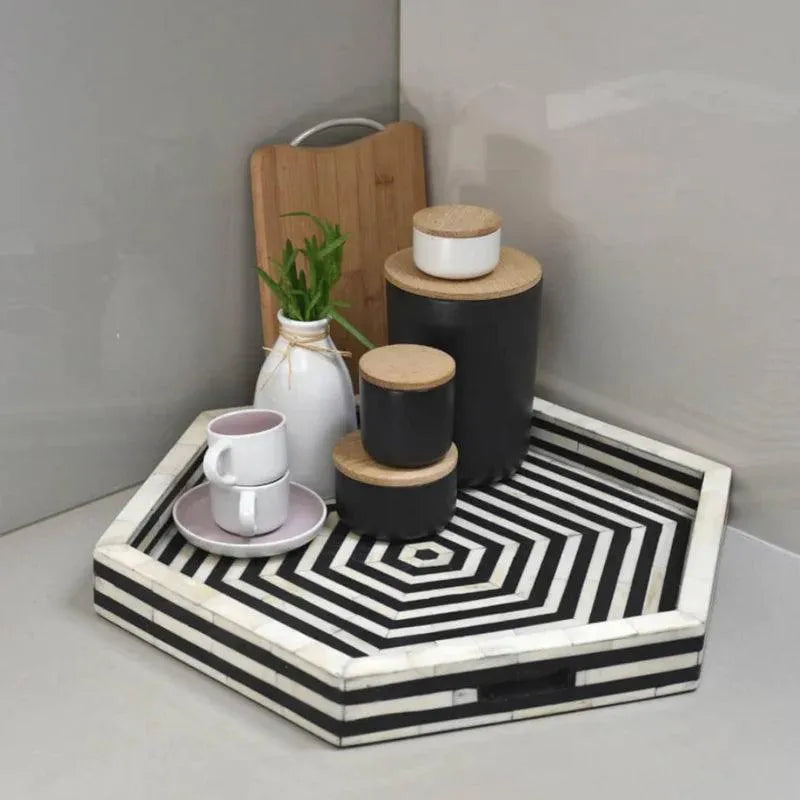 BONE INLAY HEXAGON TRAY - BLACK - Jodha Furniture