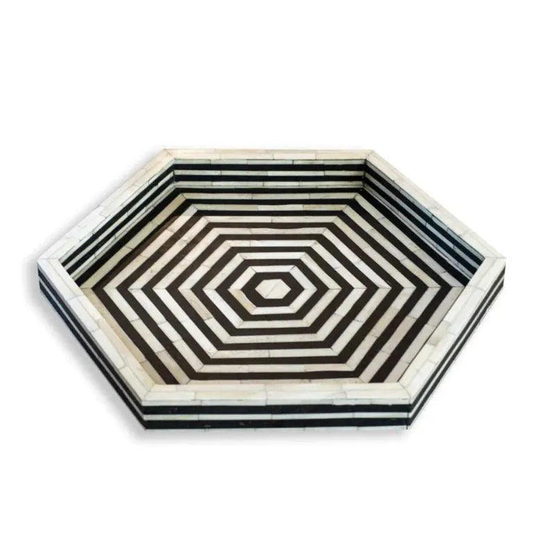 BONE INLAY HEXAGON TRAY - BLACK - Jodha Furniture