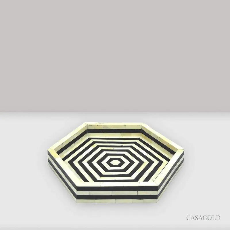 BONE INLAY HEXAGON TRAY - BLACK - Jodha Furniture