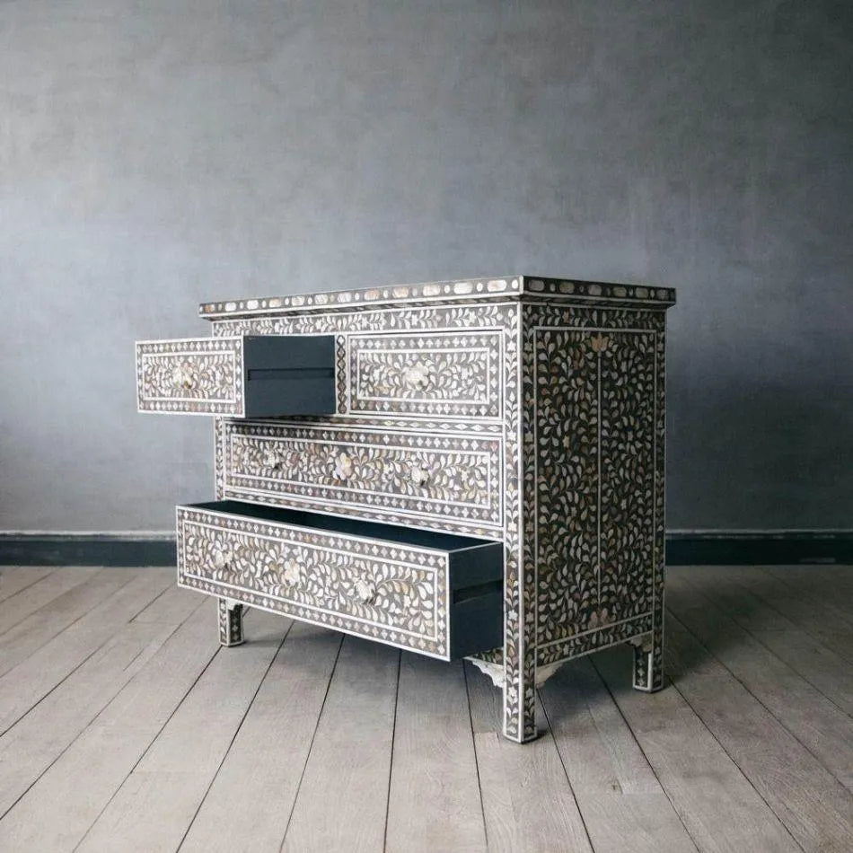 Classic Grey Mother of Pearl Chest of Drawers - Jodha Furniture