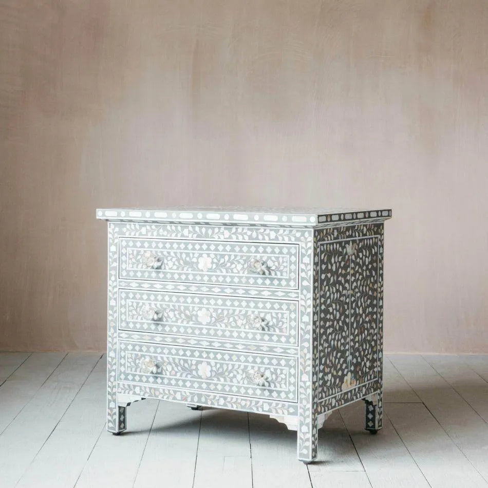 Classic Grey Mother of Pearl Large Bedside Table - Jodha Furniture