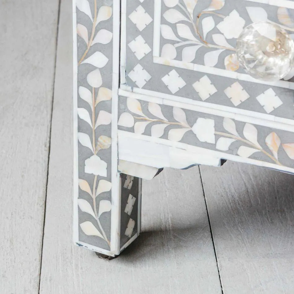 Classic Grey Mother of Pearl Large Bedside Table - Jodha Furniture