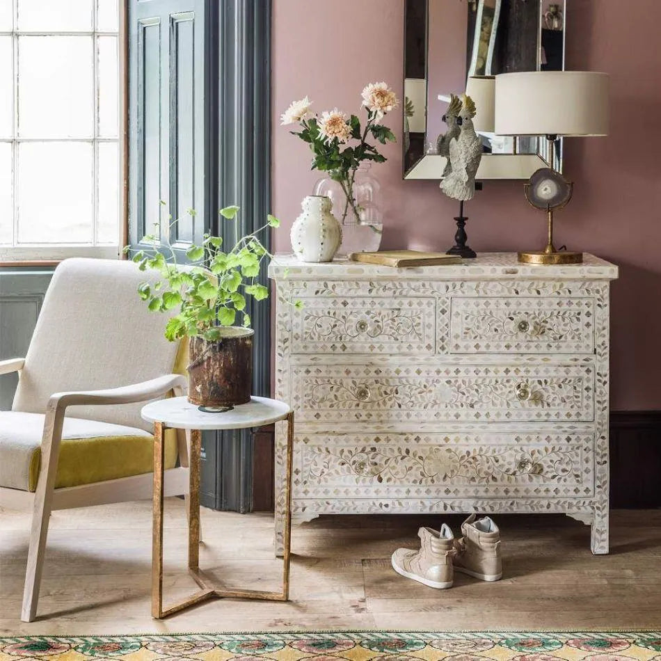 Classic White Mother of Pearl Chest of Drawers - Jodha Furniture