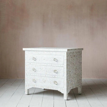 Classic White Mother of Pearl Large Bedside Table - Jodha Furniture