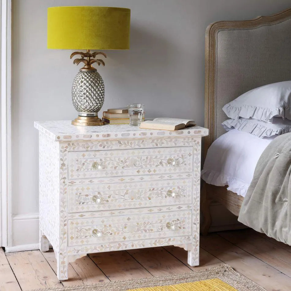 Classic White Mother of Pearl Large Bedside Table - Jodha Furniture