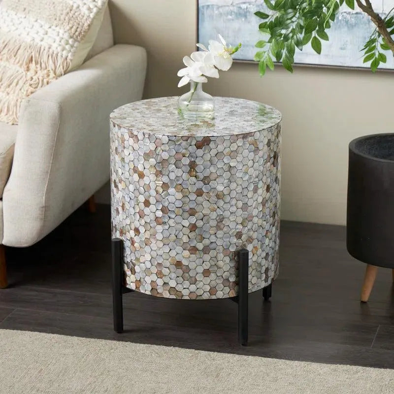 Cole And Grey Mother Of Pearl Shell Handmade Inlay Abstract End Table With Black Legs - Jodha Furniture