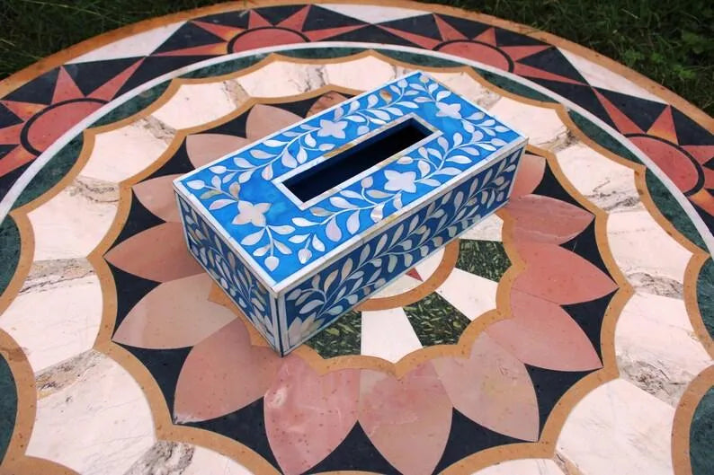 Handmade mother of pearl blue tissue holder box - Jodha Furniture
