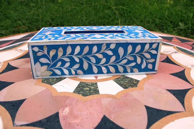 Handmade mother of pearl blue tissue holder box - Jodha Furniture