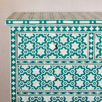 Jade Green Floral Bone Inlay Chest of Drawers - Jodha Furniture