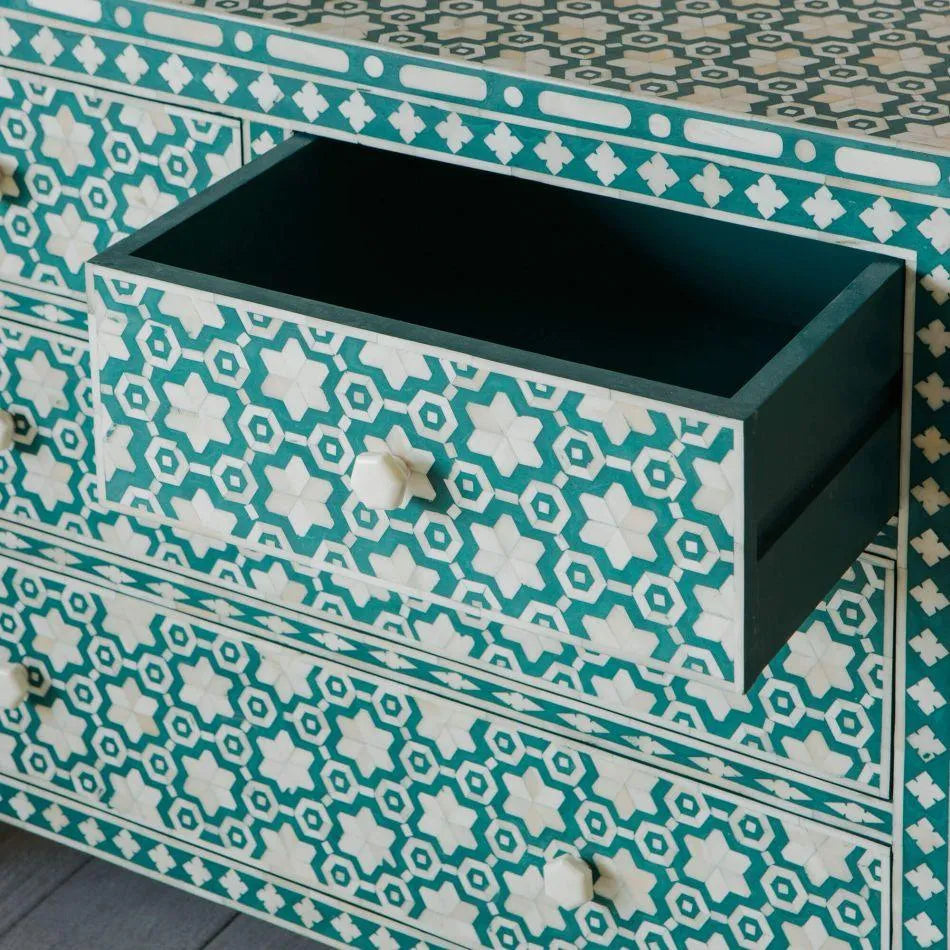 Jade Green Floral Bone Inlay Chest of Drawers - Jodha Furniture