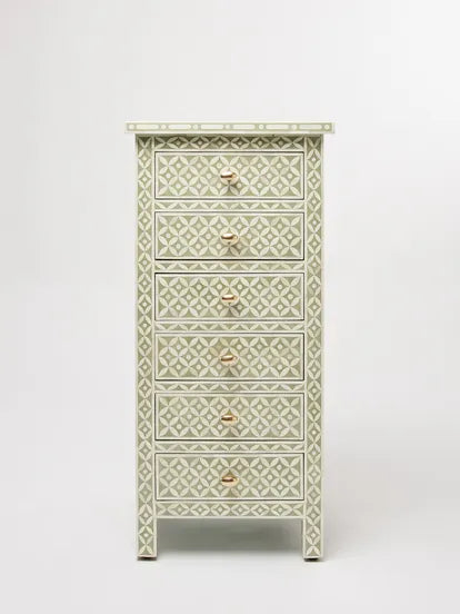 Lohko Green Geometric Inlay Tall Boy - Jodha Furniture