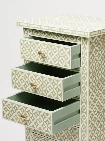 Lohko Green Geometric Inlay Tall Boy - Jodha Furniture