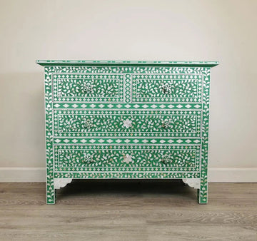 Mother of Pearl Inlay Amira Classic Green Chest of Drawer Dresser Floral Pattern - Jodha Furniture