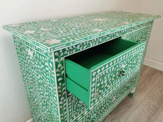 Mother of Pearl Inlay Amira Classic Green Chest of Drawer Dresser Floral Pattern - Jodha Furniture