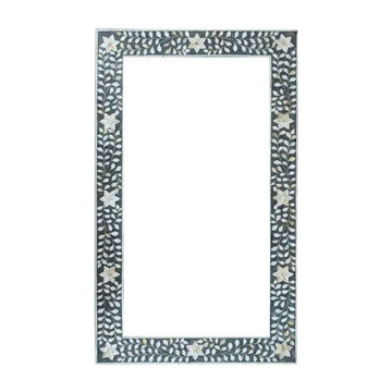 Mother of Pearl Inlay Floral Rectangle Wall Mirror - Grey - Jodha Furniture