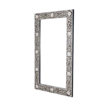 Mother of Pearl Inlay Floral Rectangle Wall Mirror - Grey - Jodha Furniture