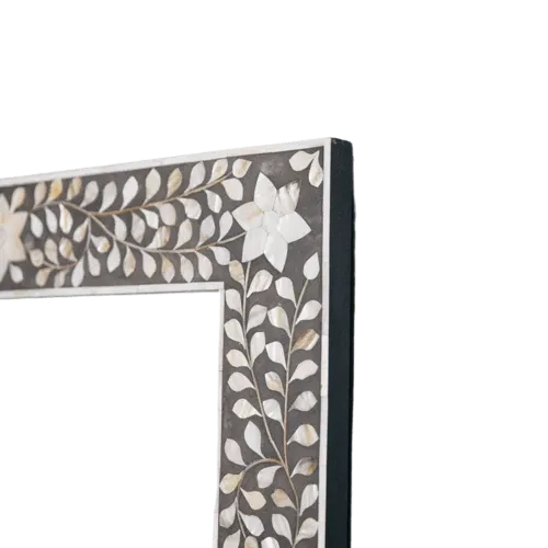 Mother of Pearl Inlay Floral Rectangle Wall Mirror - Grey - Jodha Furniture