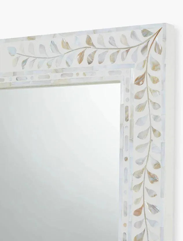 Mother of Pearl Inlay Floral Rectangle Wall Mirror - White - Jodha Furniture