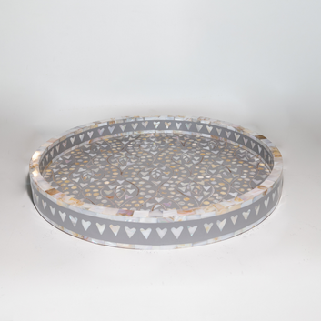 Mother of Pearl Inlay Round Tray : Heart : Grey - Jodha Furniture