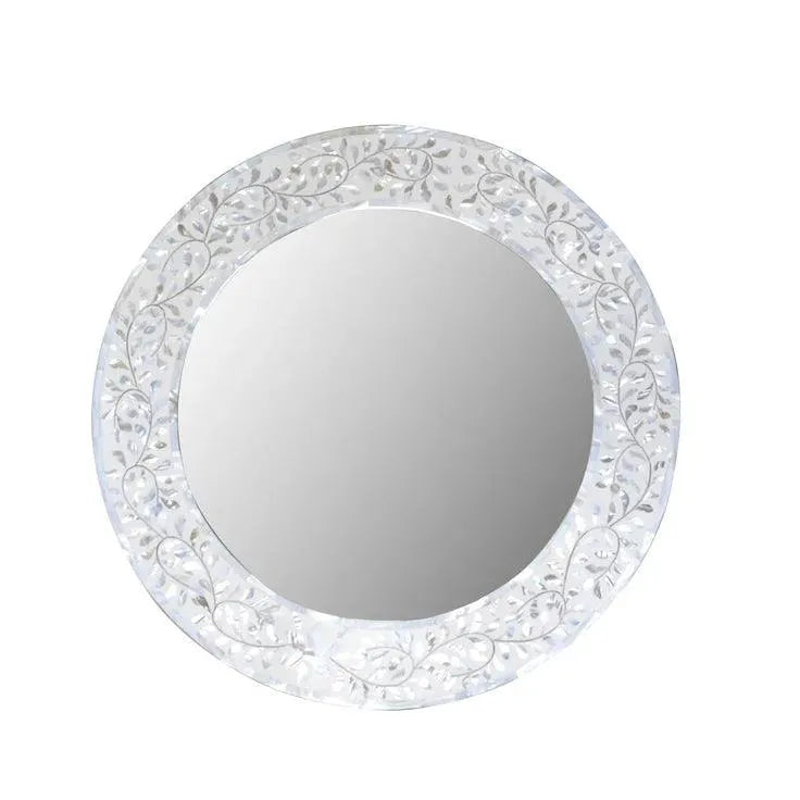 Mother of Pearl Inlay Round Wall Mirror - White - Jodha Furniture