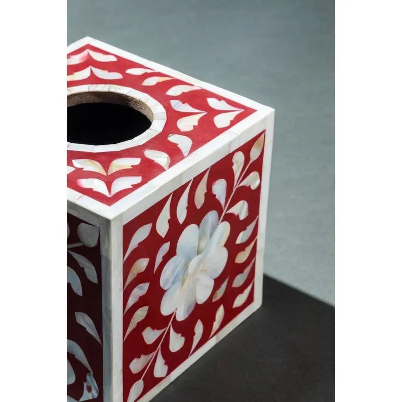Red Velvet Floral Tissue Box - Jodha Furniture