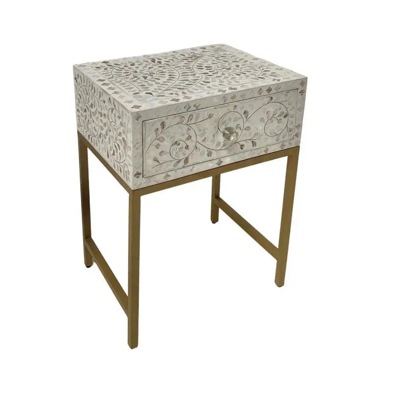 Seema Side Table Drawer - White Mother of Pearl Inlay - Jodha Furniture